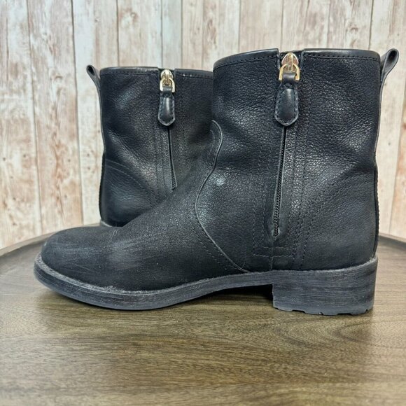 Tory Burch Simone Leather Moto Ankle Bootie Side Zip Logo Black Size 8 Women - Picture 4 of 11